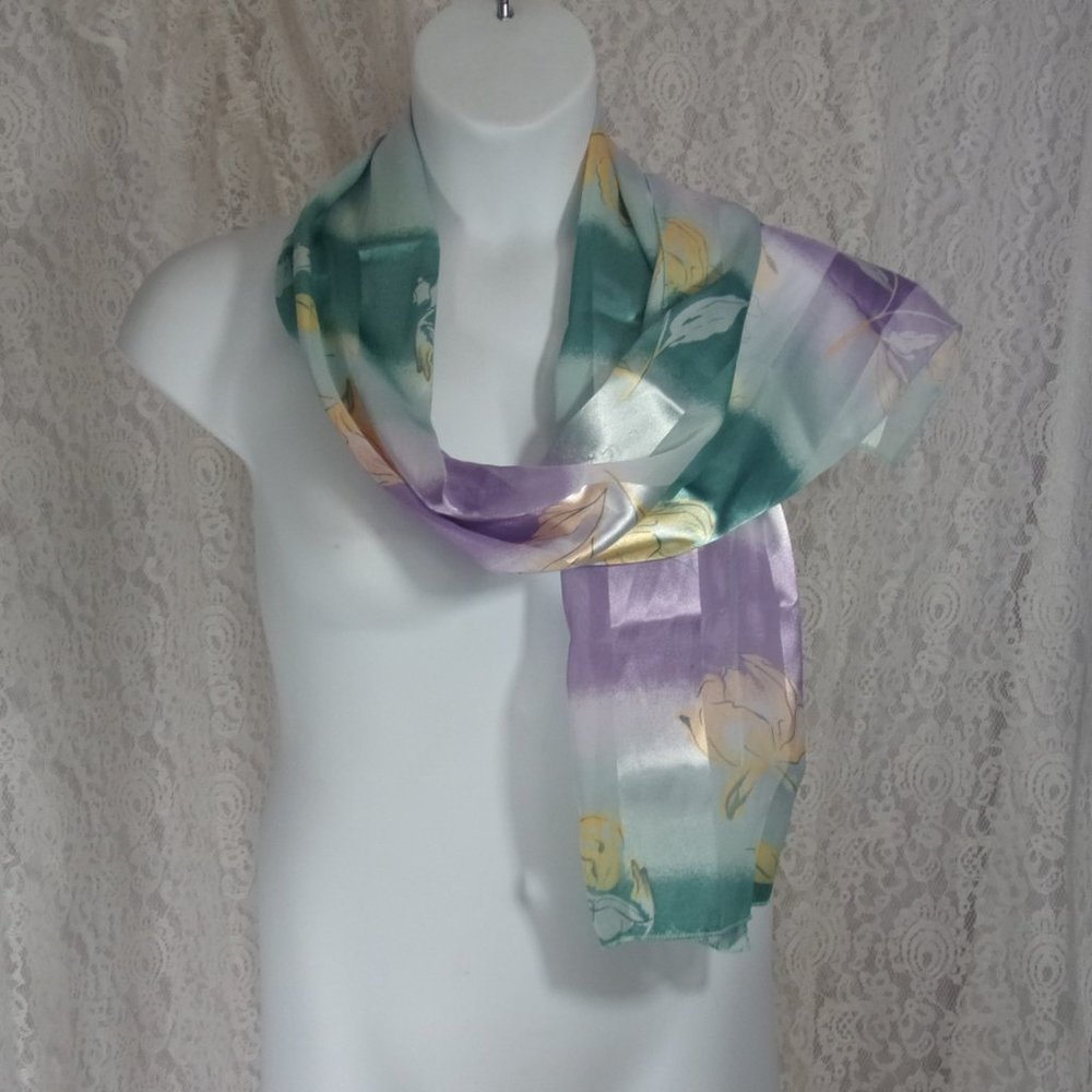 Scarf Silky Green Purple White NWOT